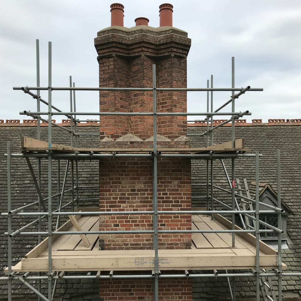 Scaffolded chimney repair project by Alliance Roofing London